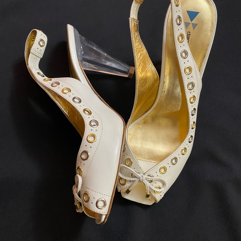 White DaniBlack sling with 3”clear lucite heel